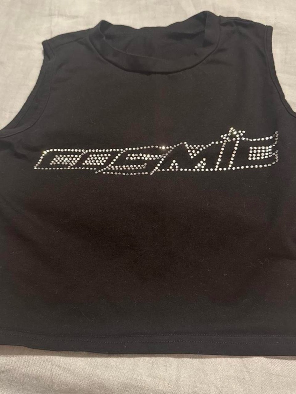 Black Rhinestone Logo Sleeveless Crop Top